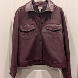 Chico's Faux Leather Shirt Jacket 2 (L/12) Royal Bordeaux NWT Mob Wife